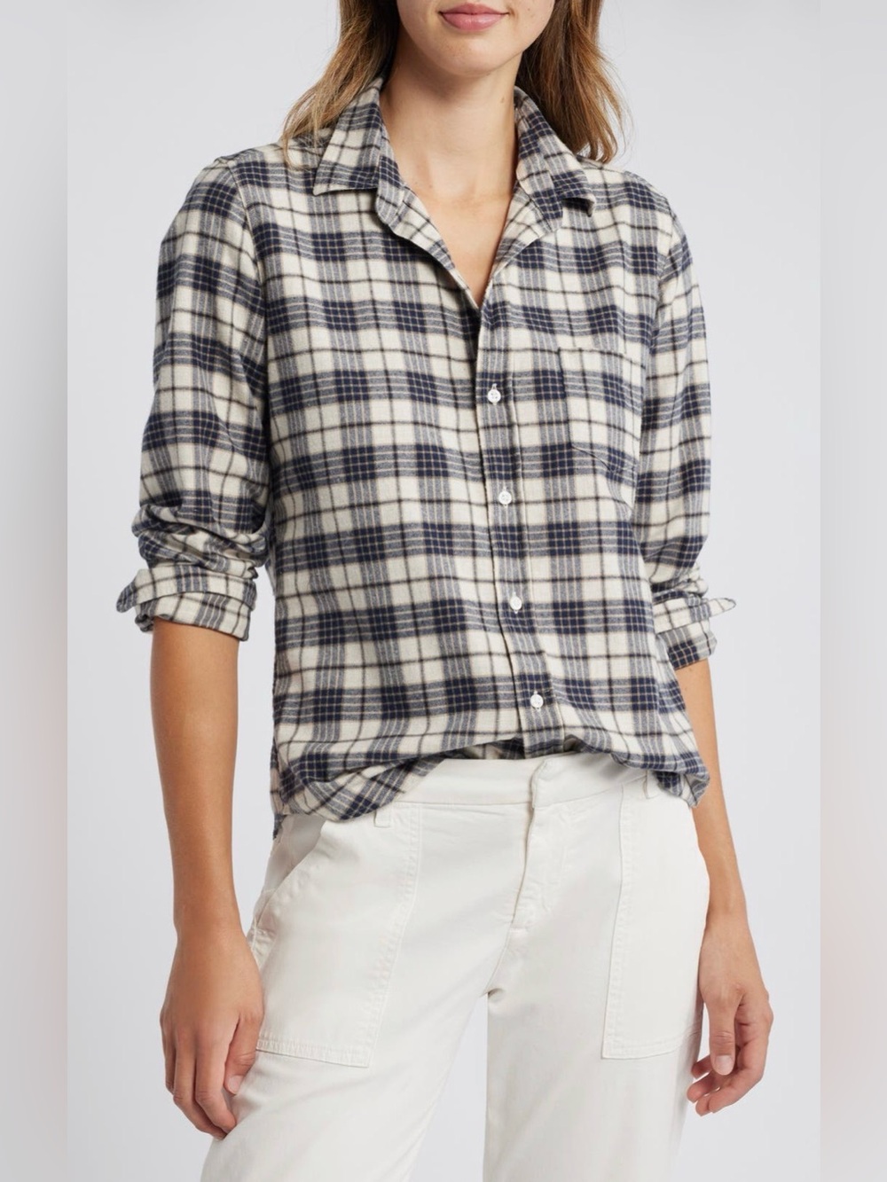 Frank & Eileen Barry Plaid Tailored Flannel Button-Up Shirt Cream Navy Medium